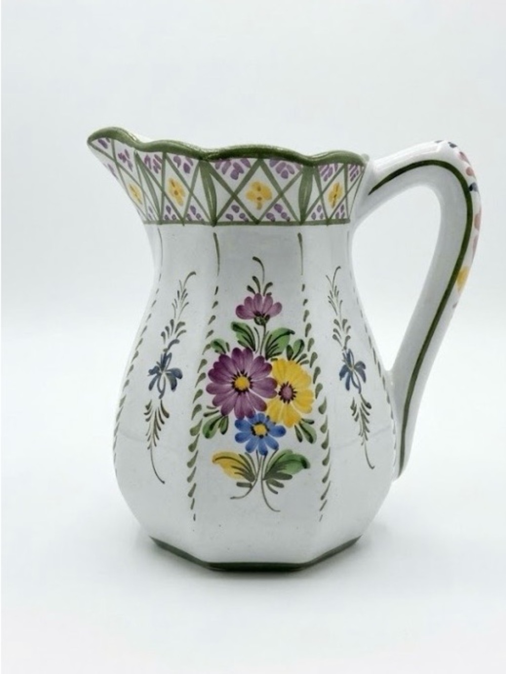 Hand-Painted Floral Ceramic Pitcher in White with Multicolor Flowers Vintage